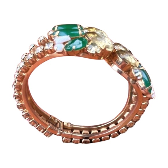 Vintage 1950's Yellow and Green Rhinestone Clamper Bracelet and Earrings - Picture 2 of 9